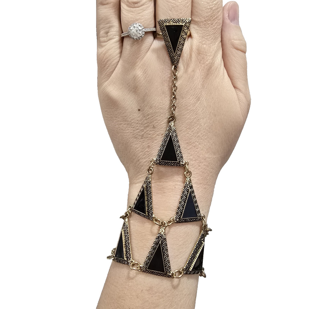 Whimsigoth Diamond Black Gold Enamel Metal Hand Ring Chain Bracelet Punk Edgy